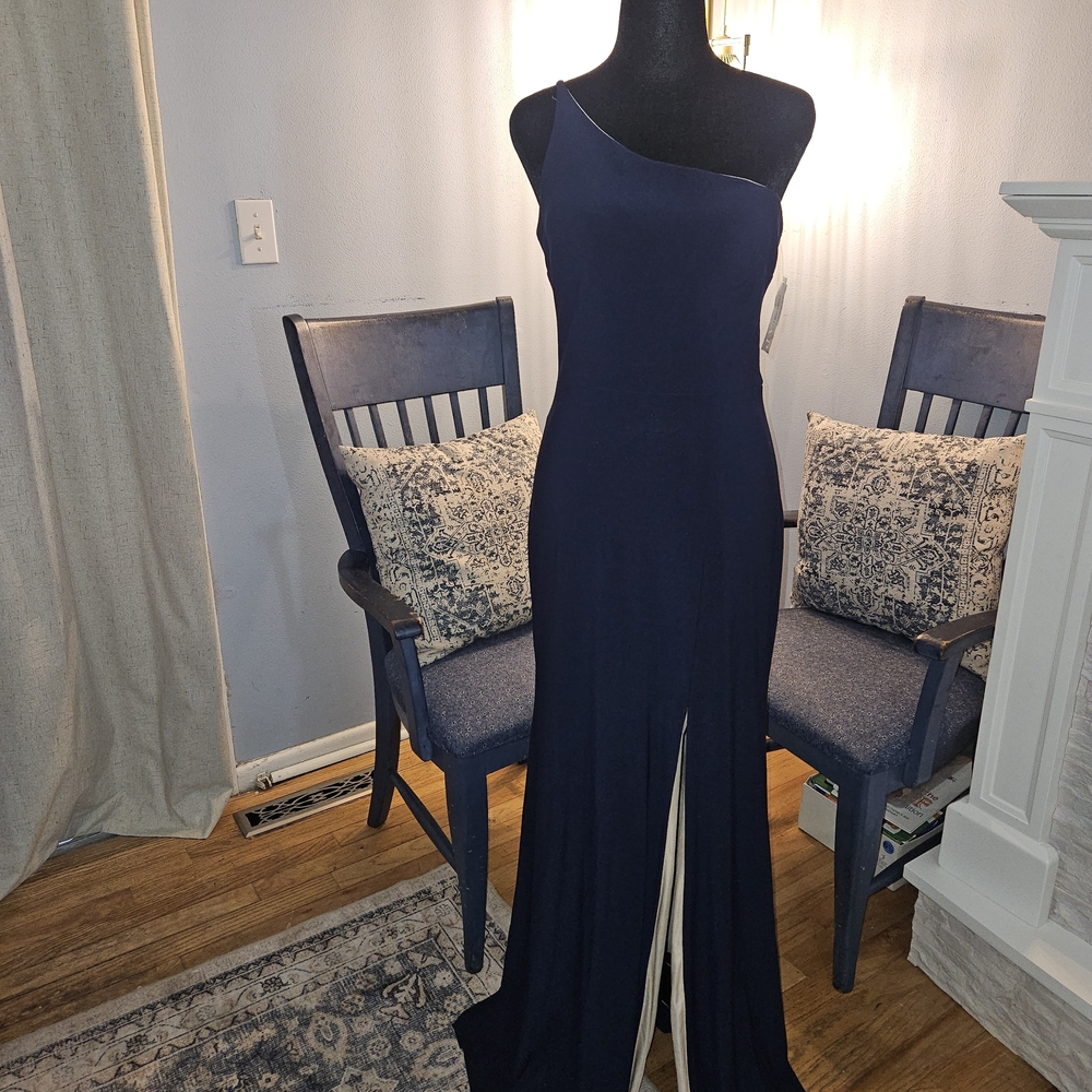 Xscape Midnight Blue One-Shoulder Gown